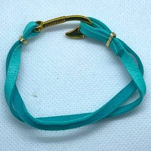 Leather and brass aqua bracelet